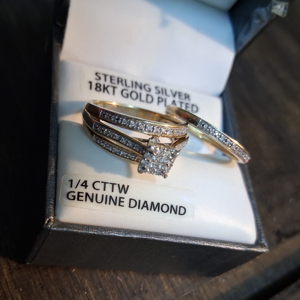 18KT Gold-Plated Sterling Silver Diamond Bridal Ring Set - White/Gold
